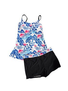 NWOT | Indigo Blue Tropical Floral Tankini Set Strappy Back & Boy Shorts | 3XL